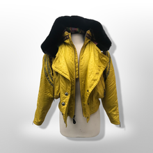 Load image into Gallery viewer, 80’s 90’s Yellow Mustard Hooded Ski Windbreaker Jacket Cropped Tapered Waist Southwestern Aztec Trim