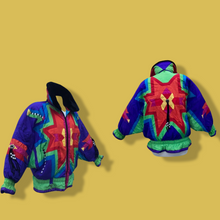 Load image into Gallery viewer, 80’s 90’s Neiman Marcus Genuine Down Puffer Coat in Rainbow Apres Ski “In Living Color” Pride Oversized Chubby Coat Rare Ski Winter Suede Fringr Native American Inspired Style
