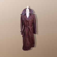 Load image into Gallery viewer, 70’s Leather Spy Trench Coat Oxblood Maroon Deep Bergundy Color