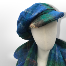 Load image into Gallery viewer, Made in Scotland Scottish Pure Mohair and Wool Plaid Coat Hat Scarf Three Piece Set Blue Yellow Wrap Style