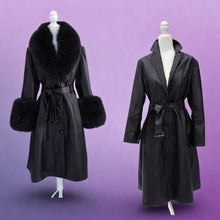 Load image into Gallery viewer, Black Leather and Fox Fur Trench Fit and Flare Pinup Coat
