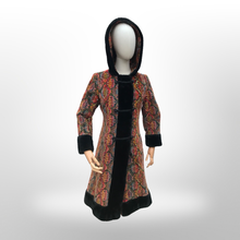 Load image into Gallery viewer, Vintage Hooded Tapestry Carpet Needlepoint Multi Color Rich Coat with Faux Fur Trim and Beaded Belt Boho Princess Boho Chic
