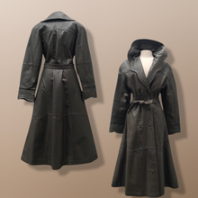 Load image into Gallery viewer, Italian Leather Coat Full Length Scalloped Collar Fit Flare Princess Belted