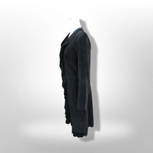 Load image into Gallery viewer, Black Suede Duster with Ruffle Tuxedo Collar Boho