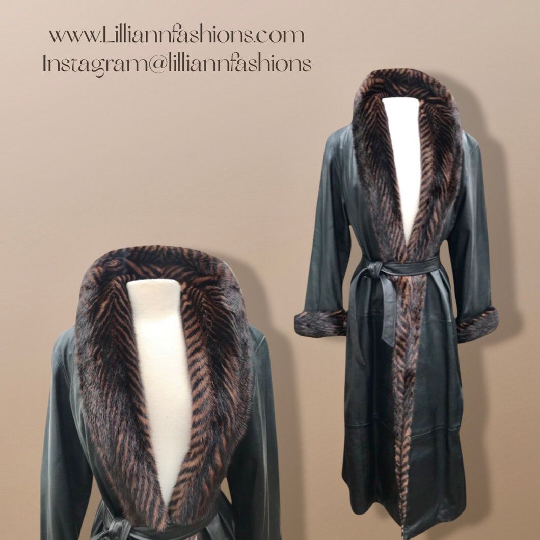Italian leather Wrap Tuxedo Mink Coat Herringbone Design