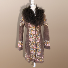 Load image into Gallery viewer, Vintage Deadstock Embroidered Pink Floral Brown Suede and Mongolian Lamb Coat Small Petite