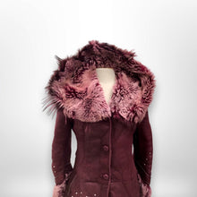 Load image into Gallery viewer, Italian made Purple Bergundy Lamb Leather and Shearling Hooded Studded Coat Jacket