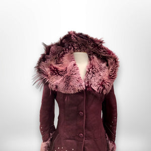 Italian made Purple Bergundy Lamb Leather and Shearling Hooded Studded Coat Jacket