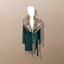 Load image into Gallery viewer, Vintage Forest Green 100% Wool Wrap Coat with Genuine Fur Collar