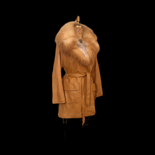 Load image into Gallery viewer, 70s Vintage Women&#39;s Coat Caramel Leather Huge Red Ombre Fox Fur Fit Flare Studio 54 Small to Large