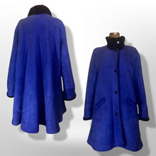 Load image into Gallery viewer, Blue Suede Shearling Coat Birger Christensen Made in Copenhagen Vtg 70s 80s Swing Coat A-Line Penny Lane Hippy