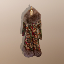 Load image into Gallery viewer, 70’s Vintage Coat Velvet Boho Lamb Shearling Tapestry Coat Gold Bergundy Brocade Carpet Hippy Royalty Penny Lane Almost Famous M Russian Princess matching purse