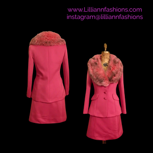 60’s Vintage Pink Lilli Ann Two Piece Skirt Suit with Pink Silver Fox Fur Collar