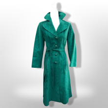 Load image into Gallery viewer, Emerald Green Suede 70’s Coat Rounded Collar Studio 54 Trench Spy Coat