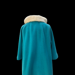 60’s LIlli Ann Coat Turquoise Blue with Ermine Mink Tuxedo Trim Collar “The World is Yours”