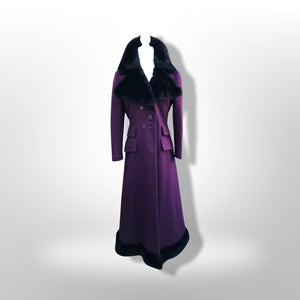 60’s 70’s Plum Purple Long Princess Coat with Sharp Tailoring and Faux Fur Trim