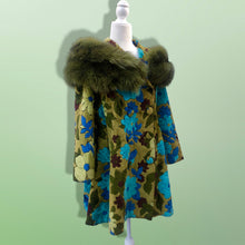 Load image into Gallery viewer, 60’s 70’s Tapestry Carpet Coat Blue Turquoise Green Beaded Belt Fur Fox Norwegian Collar