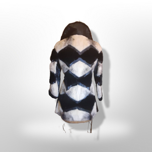 Vintage Women's Coat- Mod Dramatic 60s Cross Mink White Black Leather Mosaic Geometric Princess Jacket Coat
