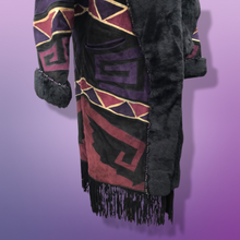 Load image into Gallery viewer, Purple Suede and Genuine Shearling Mosaic Coat with Fringe Western Aztec  Native Cowgirl Inspired Magenta Black and Gold