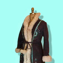 Load image into Gallery viewer, Vintage Coat- 70s Afghan Embroidered Turquoise Blue Sheep Shearling Sheepskin Suede Penny Lane Princess Coat Fit Flare S M Boho Hippy