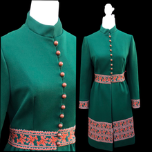 Load image into Gallery viewer, 60’s Green Embroidered Button Down Coat Dress