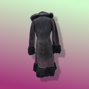 Boho Embroidered Suede Brown and Magenta faux shearling princess hooded coat