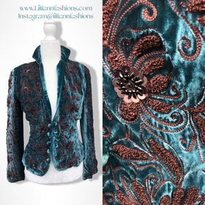 Beaded Teal Blue Vintage Velvet Jacket Blazer