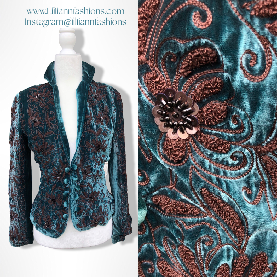 Beaded Teal Blue Vintage Velvet Jacket Blazer