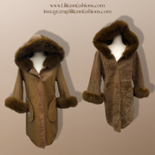 Load image into Gallery viewer, New Tan Shearling Lamb and Leather Fox Fur Hooded Coat Reversible Minimalistic