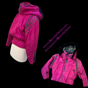 80’s 90’s Hot Pink Hooded Ski Windbreaker Jacket Cropped Tapered Waist Southwestern Aztec Trim