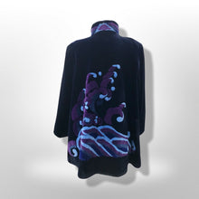 Load image into Gallery viewer, Black Fur Sheared Beaver Coat Made full pelts with Blue And Purple Ocean Scene Intarsia Made in Canada Nordstrom New Yorker Zuki