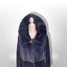 Load image into Gallery viewer, Jet Black Hooded Mink and Shearling Luxury Coat with Rhinestone Button