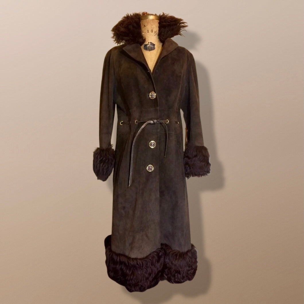 Vintage 70's Curly Lamb Afghan Suede Long Penny Lane Hippie Chic Brown Coat M/L Made in Spain