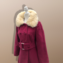 Load image into Gallery viewer, 60’s 70’s Velveteen Maroon Coat Vegan Faux Fur Belted