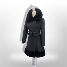 Load image into Gallery viewer, 60’s Vintage Black Wool Coat Fur Trim Sewn in Matching Belt