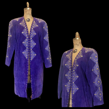 Load image into Gallery viewer, Suede Purple Studded Coat Purple Rain Prince Gold Metal Studded 80's Total Glam Long Throw Coat M/L/XL 1980s