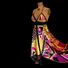 Load image into Gallery viewer, Maxi Dress Asymmetrical Silk Made in Paris V Neck Pink Magenta Yellow Floral and Geometric S/M
