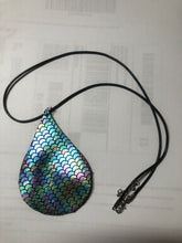 Load image into Gallery viewer, Handmade Leather Thick Suede Pendant Rain Drop Iridescent Mermaid Dragon Color 3” long