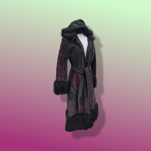 Boho Embroidered Suede Brown and Magenta faux shearling princess hooded coat