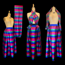 Load image into Gallery viewer, Rainbow Thai Silk Skirt Scarf Set Top Striped Pleats DEADSTOCK New Smithsonian Set Vibrant Colors-Magenta Royal Blue Red Green