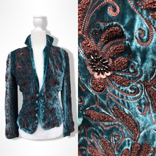 Load image into Gallery viewer, Beaded Teal Blue Vintage Velvet Jacket Blazer