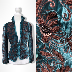 Beaded Teal Blue Vintage Velvet Jacket Blazer