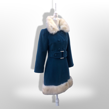 Load image into Gallery viewer, 60’s 70’s Velveteen Blue Coat Vegan Faux Fur Belted