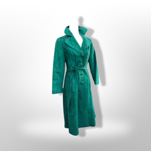 Load image into Gallery viewer, Emerald Green Suede 70’s Coat Rounded Collar Studio 54 Trench Spy Coat