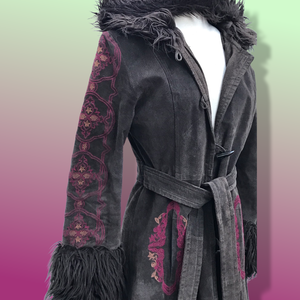 Boho Embroidered Suede Brown and Magenta faux shearling princess hooded coat