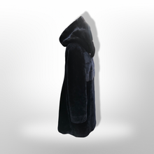Load image into Gallery viewer, Jet Black Hooded Mink and Shearling Luxury Coat with Rhinestone Button