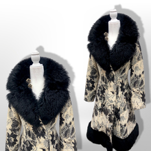 Load image into Gallery viewer, 70’s Tapestry Carpet Floral Black and White Coat with Black Shearling Trim Penny Lane Boho Hippy Chic