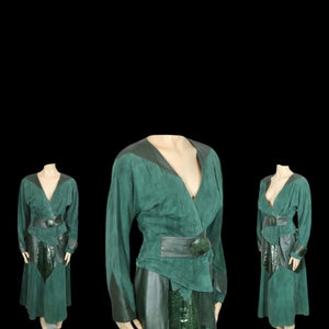 Vintage 80’s 90’s Italian Women’s Suit in Green Suede Lamb Leather Genuine Snakeskin Couture