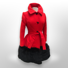 Load image into Gallery viewer, Women's Vintage Lilli Ann Coat- Lipstick Red Orange Bright 60's Mod Wool Thick Tiered Black Fox Fur Trim Fit Flare Princess Small Pinup