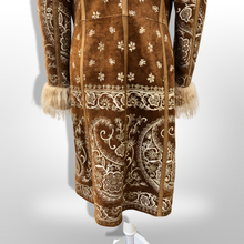 Load image into Gallery viewer, Boho Penny Lane Caramel Suede Sheepskin Curly Mongolian Lamb Intricate Embroidery Embroidered Coat Custom Made in France